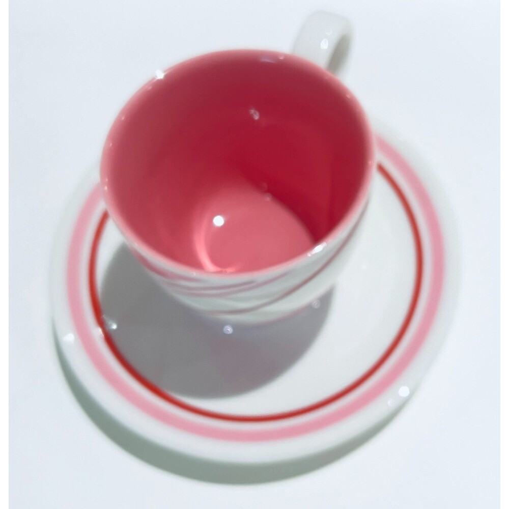 STARBUCKS Candy Striped PINK + RED Demitasse Espresso Cup & Saucer Holiday 2007